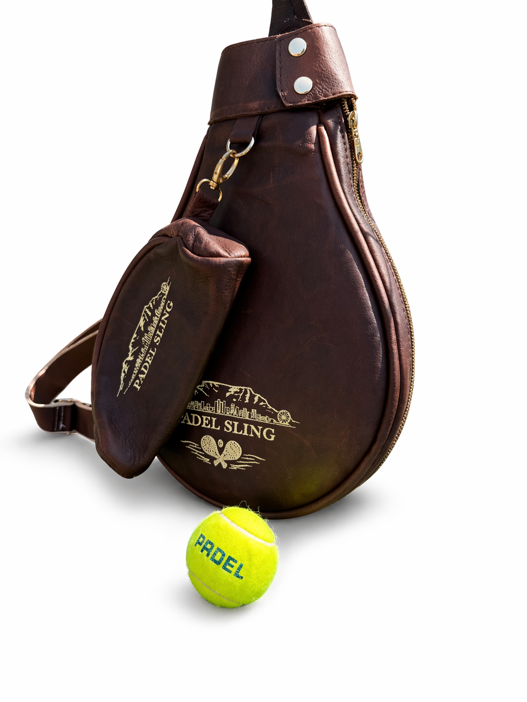 Brown leather sling bag with 'PADEL SLING' branding and a yellow padel ball on a white background